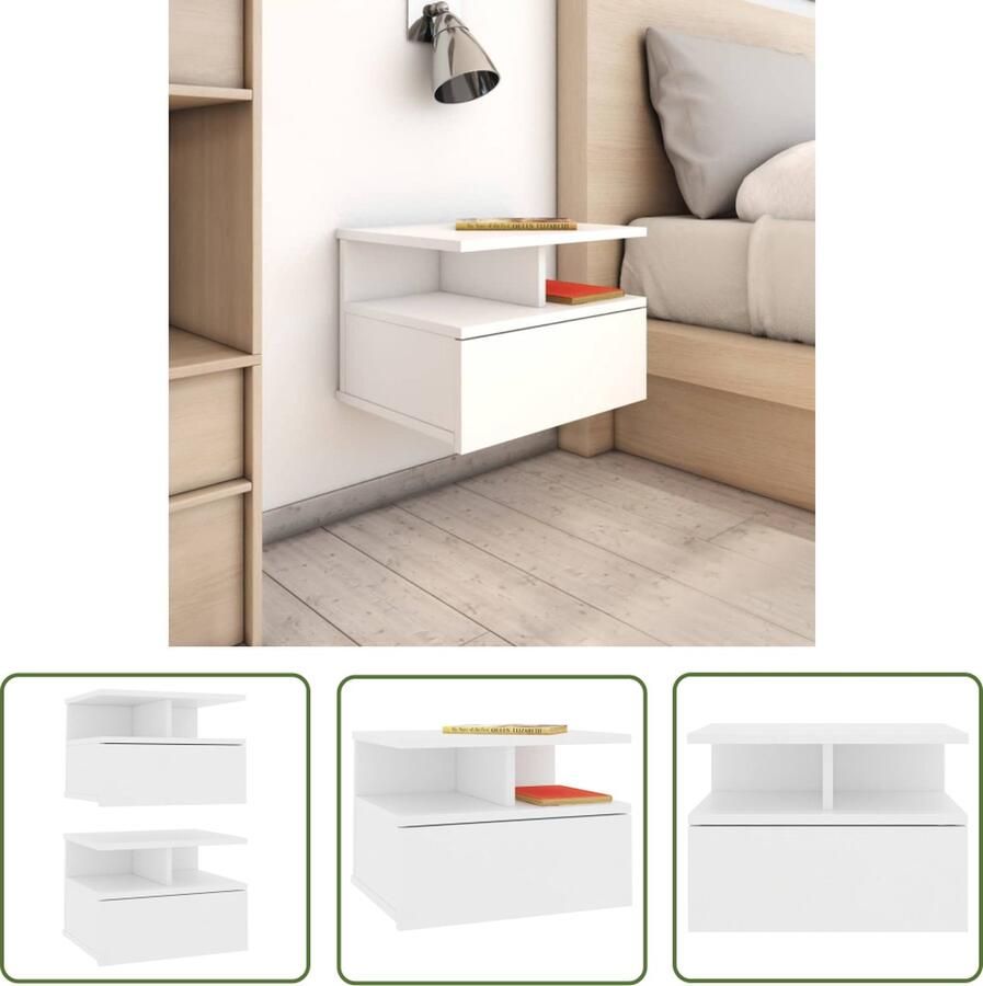 The Living Store Nachtkastjes 2 st 40x31x27 cm bewerkt hout wit Zwevend Nachtkastje Nachtlampje Slaapkamer Meubilair Houten Nachtkastje Compact Nachtkastje