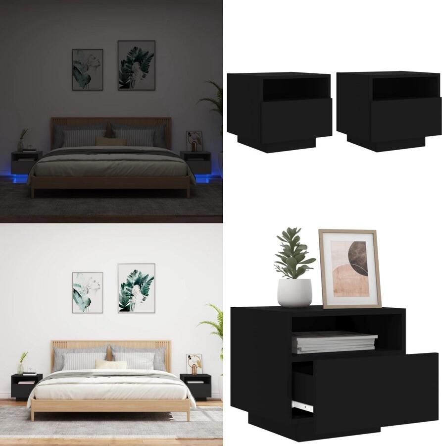 VidaXL Nachtkastjess met LED-verlichting 2 st 40x39x37 cm zwart Nachtkastje Nachtkastjes Nachtkastje Met LED Nachtkastje Met LED-verlichting