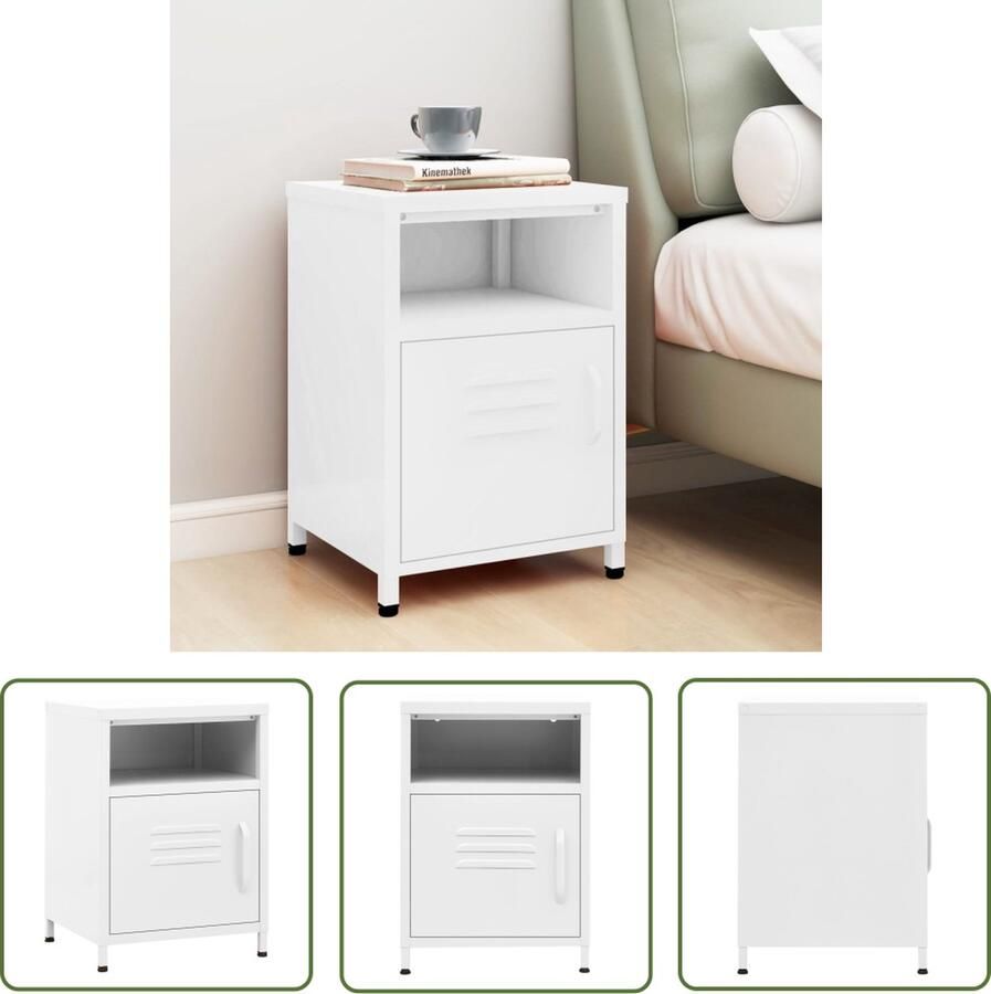 The Living Store Nachtkastje Staal 35 x 35 x 51 cm Wit Nachtkastje Nachtlamp Slaapkamersdecoratie Staalkasten Witte Meubelstukken - Foto 2