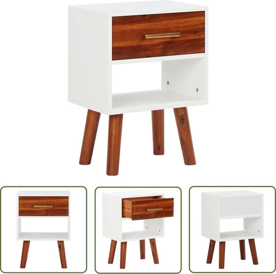 The Living Store Nachtkastje Retro – Hout – 40x30x57 cm – Bruin+Matwit Nachtkastje Nachtlamp Meubilair Slaapkamermeubil Vintage - Foto 2