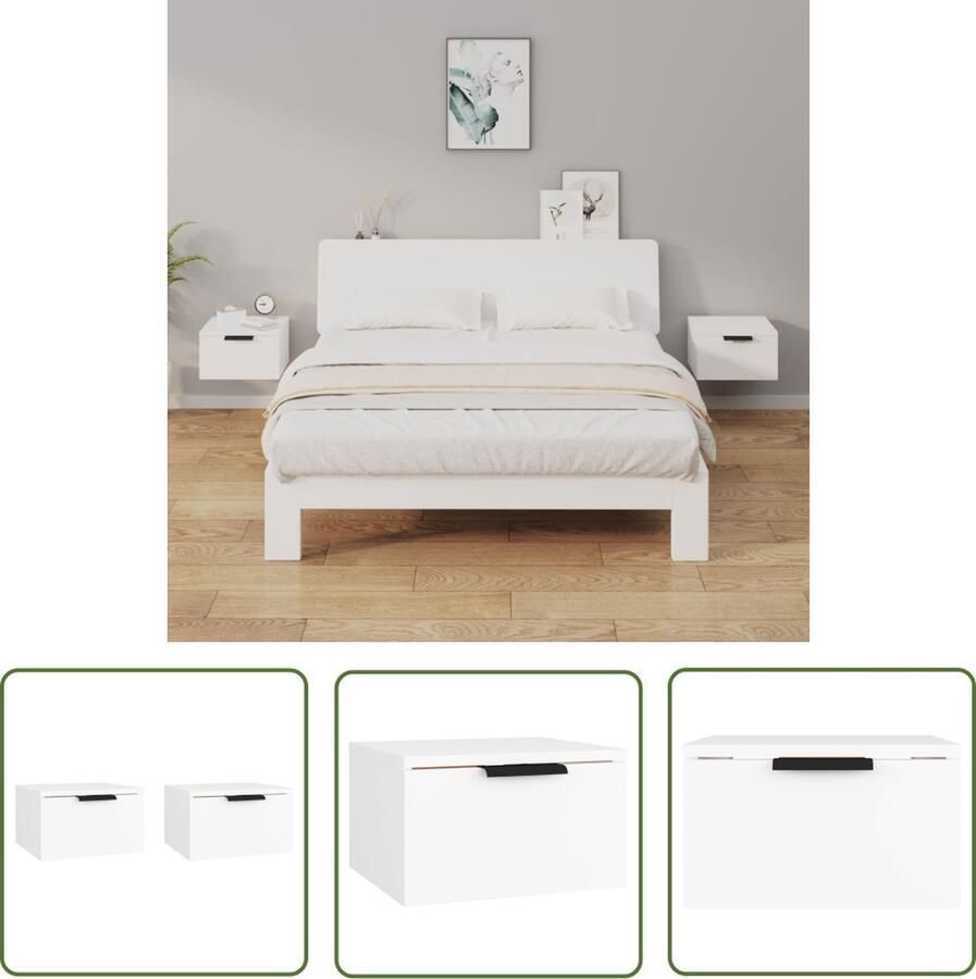 The Living Store zwevende wandnachtkastjes 34x30x20 cm wit bewerkt hout Wandkasten Nachtlamp Slaapkamersdecoratie Houten Meubilair Minimalistische Meubels - Foto 2