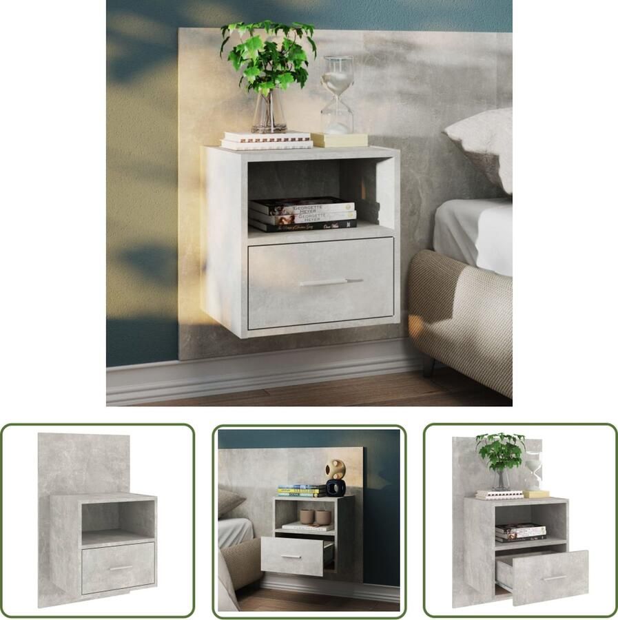 The Living Store Wandnachtkast Betongrijs 48.5 x 32.5 x 80 cm Wandmontage Multifunctioneel Opberglade Eenvoudig te reinigen Montage vereist Wandlamp Nachtlamp Bergruimte Slaapkamervloer Slaapkamersdecoratie - Foto 2