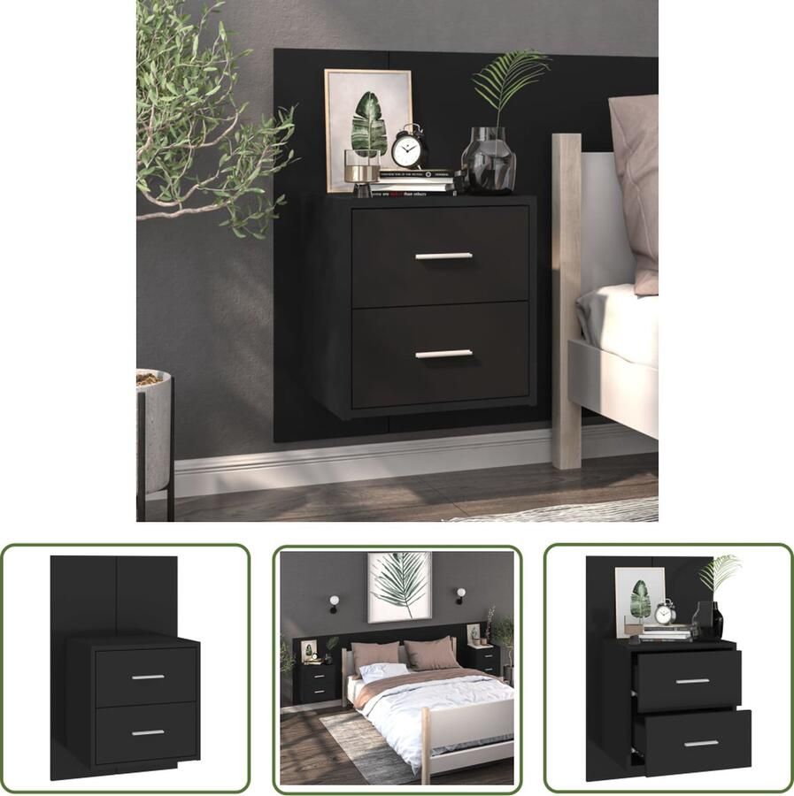 The Living Store Wandnachtkast 48.5 x 32.5 x 80 cm Zwart Bewerkt hout Wandlamp Nachtlamp Bergruimte Slaapkamervloer Houten Meubilair - Foto 2