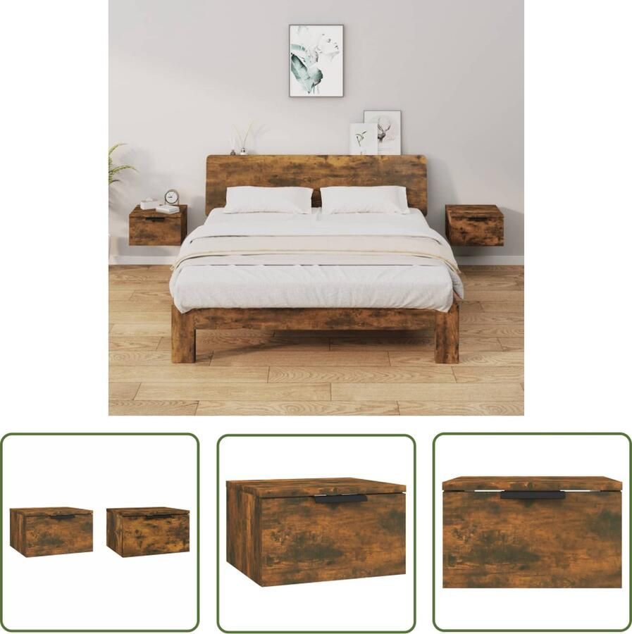 The Living Store Nachtkastjes 2 st wandgemonteerd 34x30x20 cm gerookt eikenkleur Wandlamp Nachtlamp Kastje Bergruimte Slaapkamer Decoratie - Foto 2