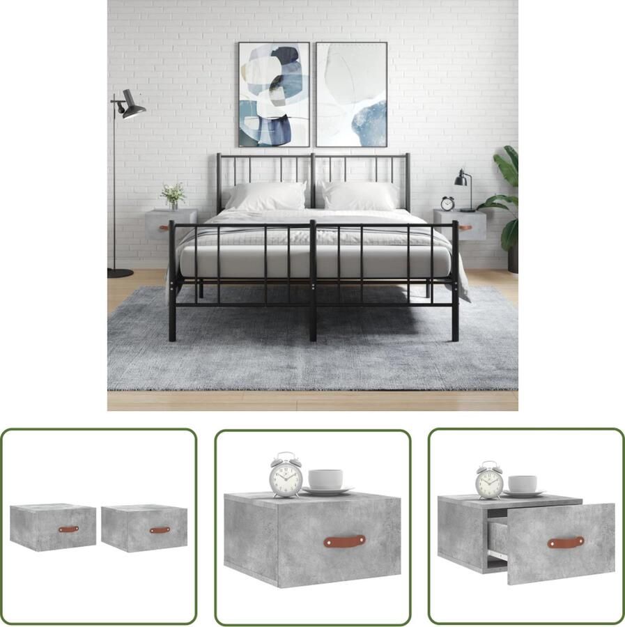 The Living Store Wandnachtkastjes Betongrijs 35 x 35 x 20 cm Bewerkt hout Set van 2 Wandlamp Nachtlamp Bergruimte Badkamer Accessoires Woonkamer Meubels - Foto 6