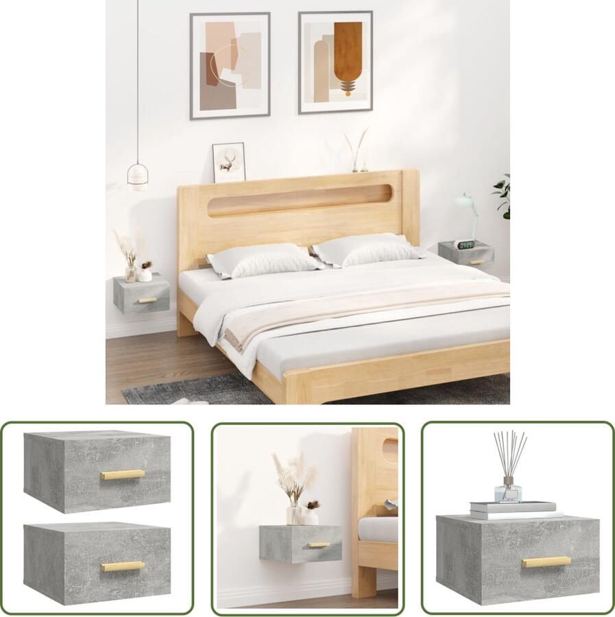 The Living Store Wandnachtkastje Betongrijs Set van 2 35 x 35 x 20 cm Bewerkt hout Wandlamp Nachtlamp Bergruimte Badkamermeubel Houten Meubel - Foto 2