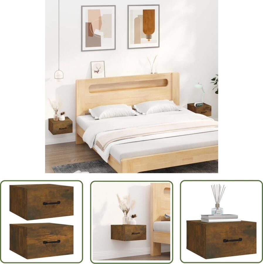 The Living Store Wandnachtkastje Gerookt Eiken 35 x 35 x 20 cm Zwevend Stijlvol Opbergmeubel Wandlamp Nachtlamp Bergruimte Slaapkamerdecoratie Houten Meubilair - Foto 2