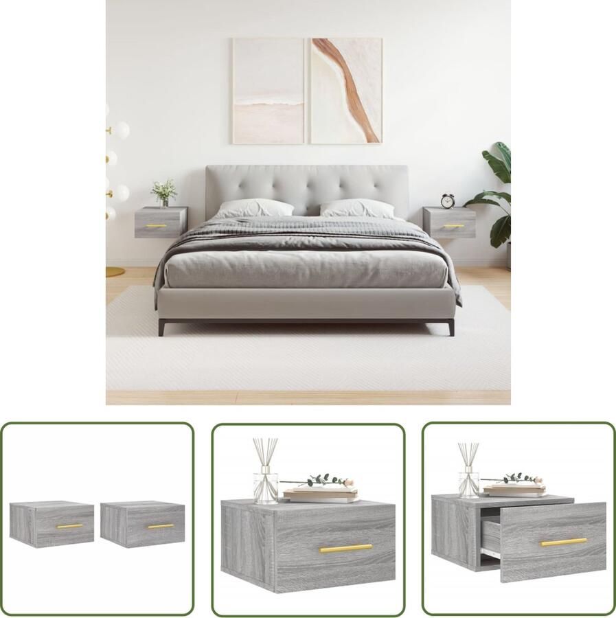 The Living Store Nachtkastjes 2 st wandgemonteerd 35x35x20 cm grijs sonoma eiken Wandlamp Nachtlamp Bergruimte Badkameraccessoires Woonkamerdecoratie - Foto 2