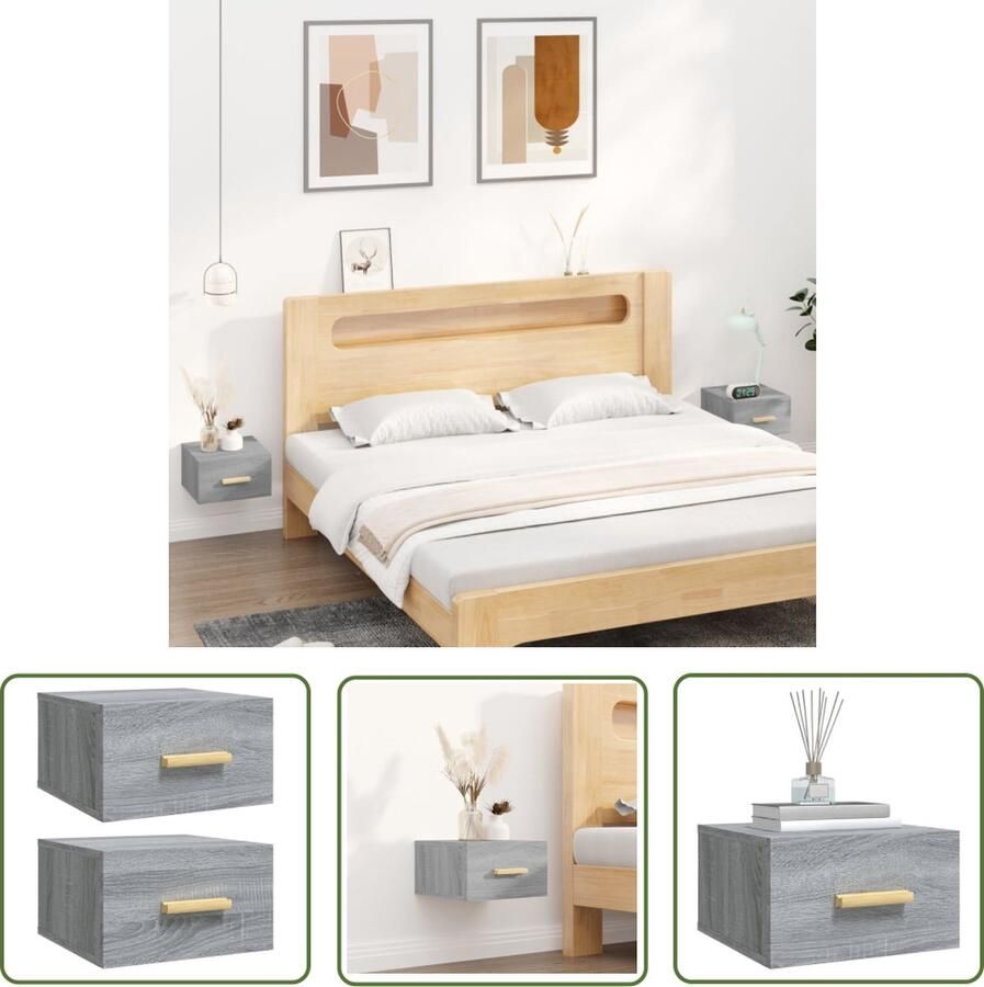 The Living Store Wandnachtkastje Sonoma Eiken 35 x 35 x 20 cm Stevig en wandgemonteerd Wandlamp Nachtlamp Slaapkamerdecoratie Houten Meubilair Grijze Meubels - Foto 2