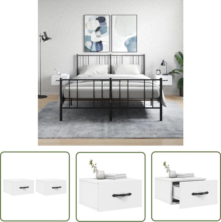 The Living Store Wandnachtkastjes Wit 35 x 35 x 20 cm Bewerkt hout Set van 2 Wandlamp Nachtlamp Bergruimte Houten Meubels Badkameraccessoires - Foto 2