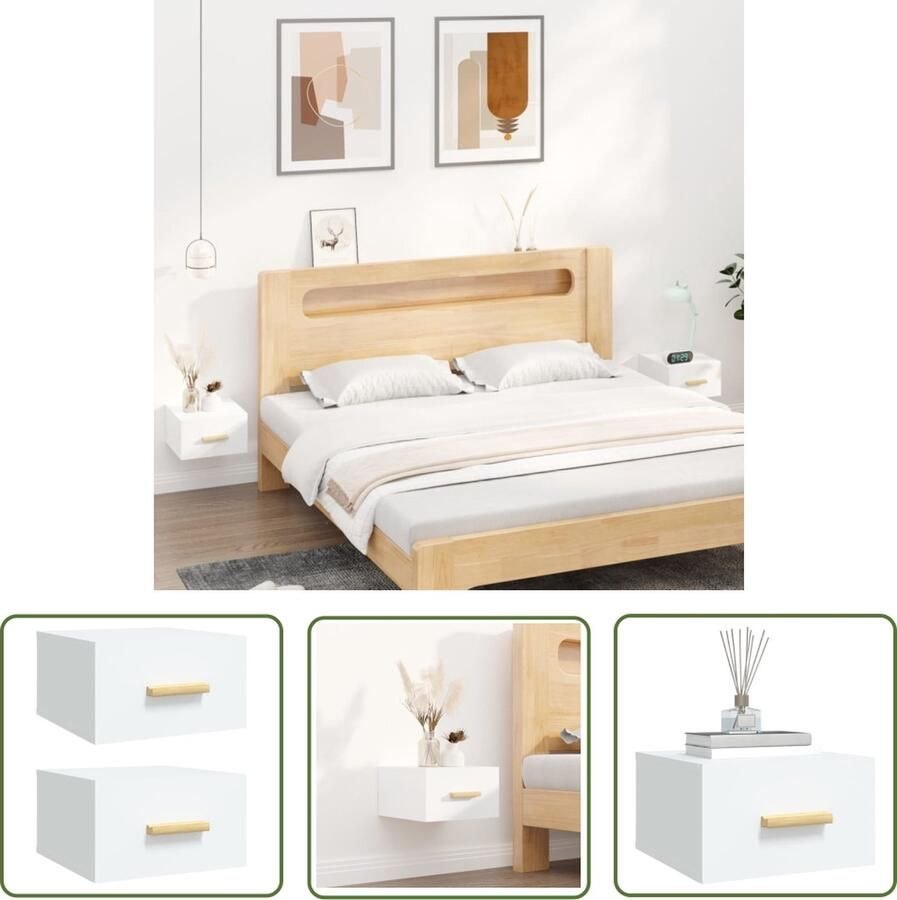 The Living Store Wandnachtkastje wandgemonteerd nachtkastjes Afmetingen- 35 x 35 x 20 cm Kleur- wit Materiaal- bewerkt hout Wandlamp Nachtlamp Kastje Bergruimte Slaapkamerdecoratie - Foto 2