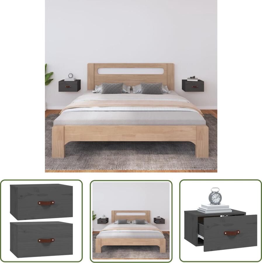 The Living Store Wandnachtkastje Massief grenenhout 40 x 29.5 x 22 cm Grijs (set van 2) Wandlamp Nachtlamp Grenoble Hout Houten Kast Opbergvak - Foto 2