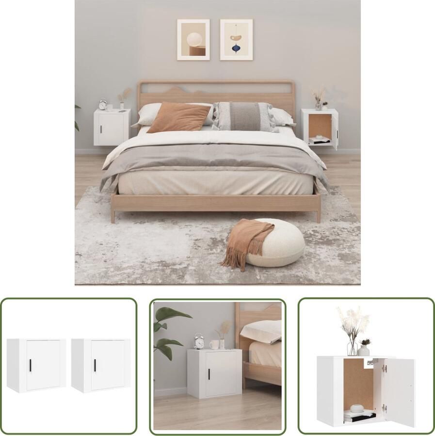 The Living Store Nachtkastjes 2 st wandgemonteerd 50x30x47 cm wit Wandlamp Nachtlamp Kastje Bergruimte Badkamermeubel - Foto 2