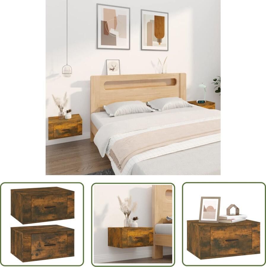 The Living Store Zwevende Wandnachtkastjes Gerookt Eiken 50 x 36 x 25 cm (set van 2) Wandlamp Nachtlamp Kastje Bergruimte Slaapkamerdecoratie - Foto 2