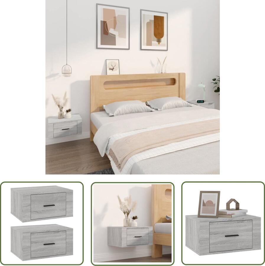 The Living Store Zwevende Wandnachtkastjes Grijs Sonoma Eiken Set van 2 Bewerkt Hout 50 x 36 x 25 cm Wandlamp Nachtlamp Kastje Bergruimte Slaapkamerdecoratie - Foto 2