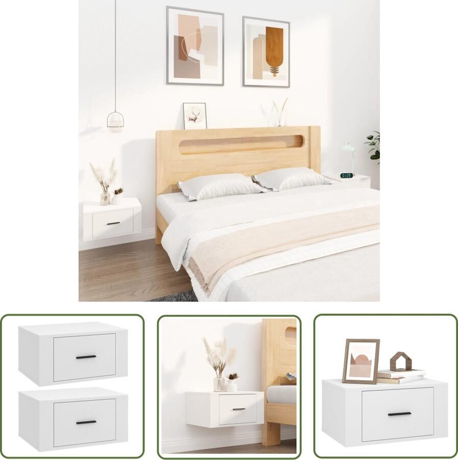 The Living Store Zwevende Wandnachtkastjes 50 x 36 x 25 cm Duurzaam bewerkt hout Wit Wandlamp Nachtlamp Bergruimte Slaapkamervloer Houten Meubilair - Foto 2