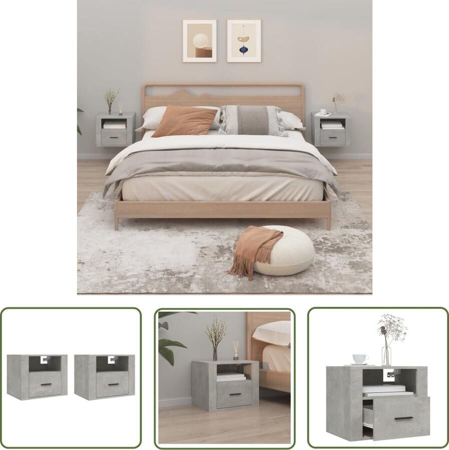 The Living Store Wandnachtkastjes Betongrijs 50 x 36 x 40 cm Houten materiaal Wandlamp Nachtlamp Bergruimte Kastje Meubilair - Foto 2