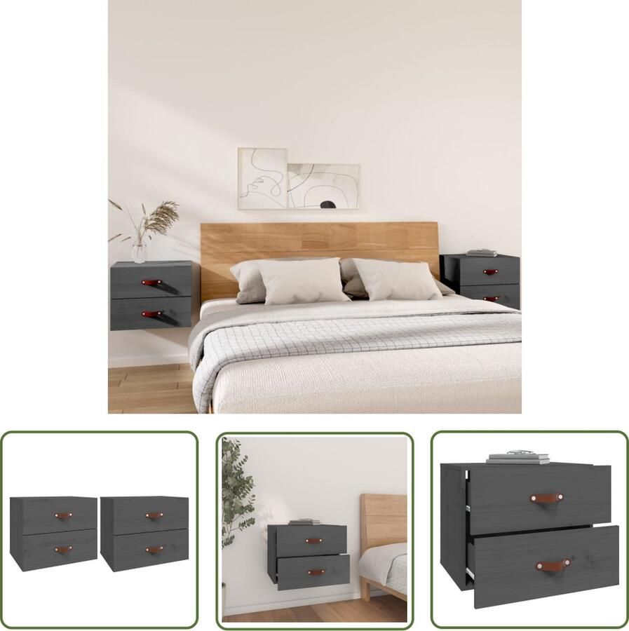 The Living Store Wandnachtkastje Grenenhout 50 x 36 x 40 cm Grijs Set van 2 Wandlamp Nachtlamp Grenoble Hout Houten Kast Opbergkast - Foto 2