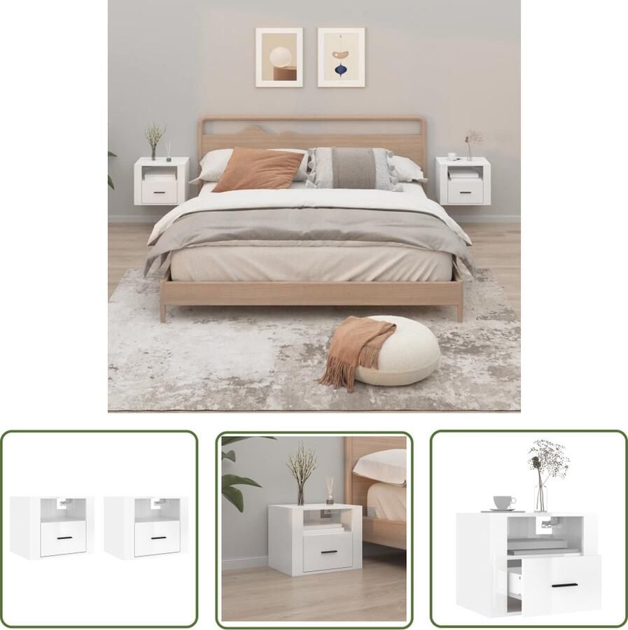 The Living Store Nachtkastjes 2 st wandgemonteerd 50x36x40 cm hoogglans wit Wandlamp Nachtlamp Kastje Bergruimte Slaapkamerdecoratie - Foto 2