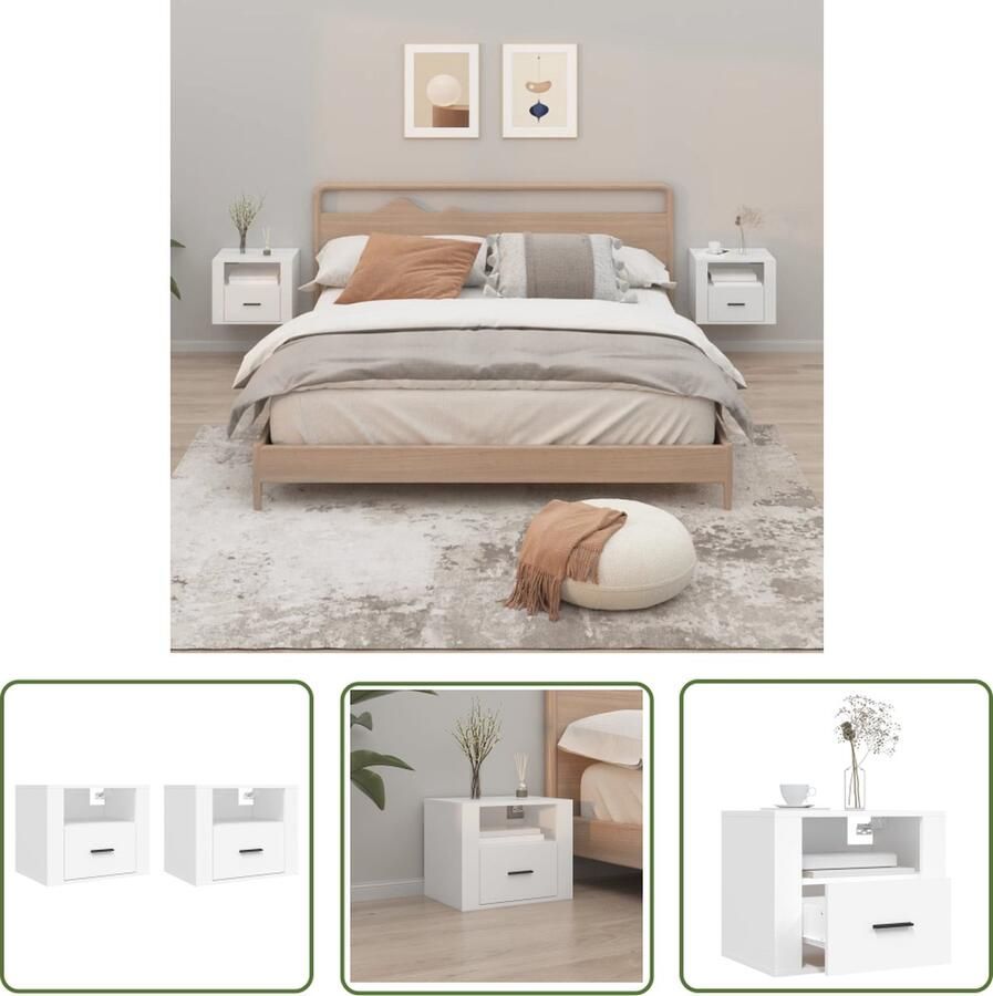 The Living Store Wandnachtkastje naam Wandgemonteerd 50x36x40 cm Wit Wandlamp Nachtlamp Bergruimte Kastje Meubilair - Foto 2