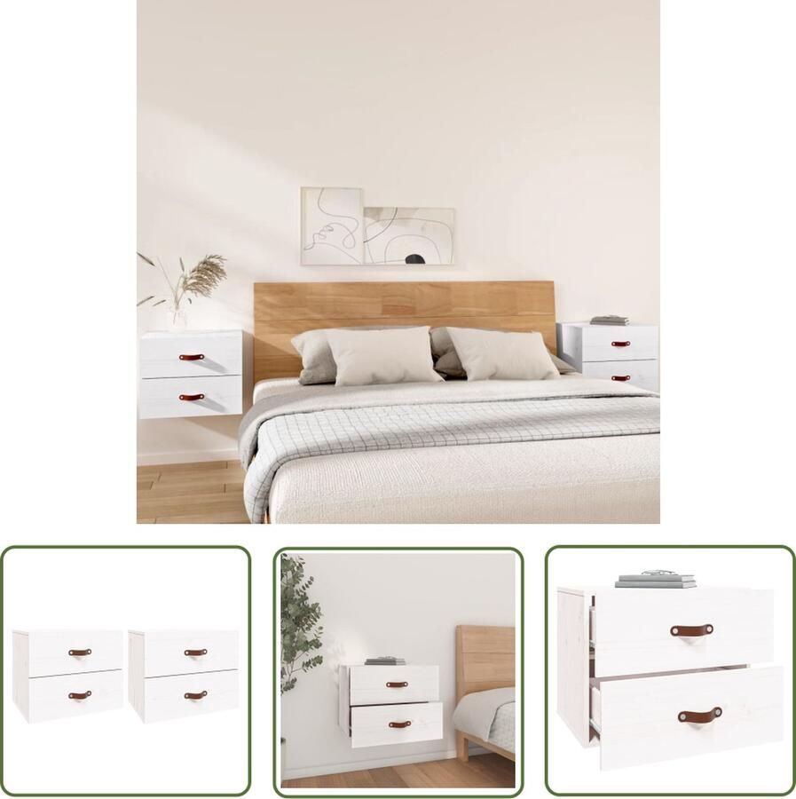 The Living Store Wandnachtkastje Massief grenenhout 50 x 36 x 40 cm Wit Wandlamp Nachtlamp Houten Kast Grenoble Hout Badkamer Accessoires - Foto 2