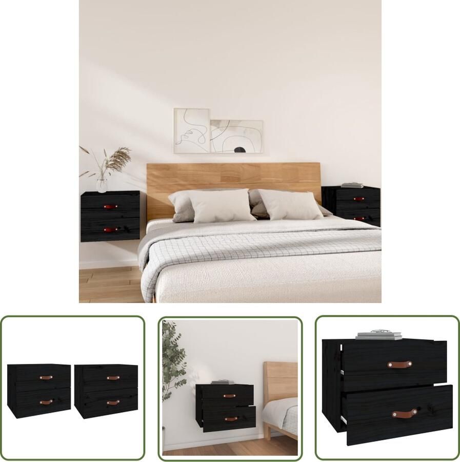 The Living Store Wandnachtkastje 50 x 36 x 40 cm Massief grenenhout zwart (Set van 2) Wandlamp Nachtlamp Houten Kast Grenoble Hout Black Furniture - Foto 2