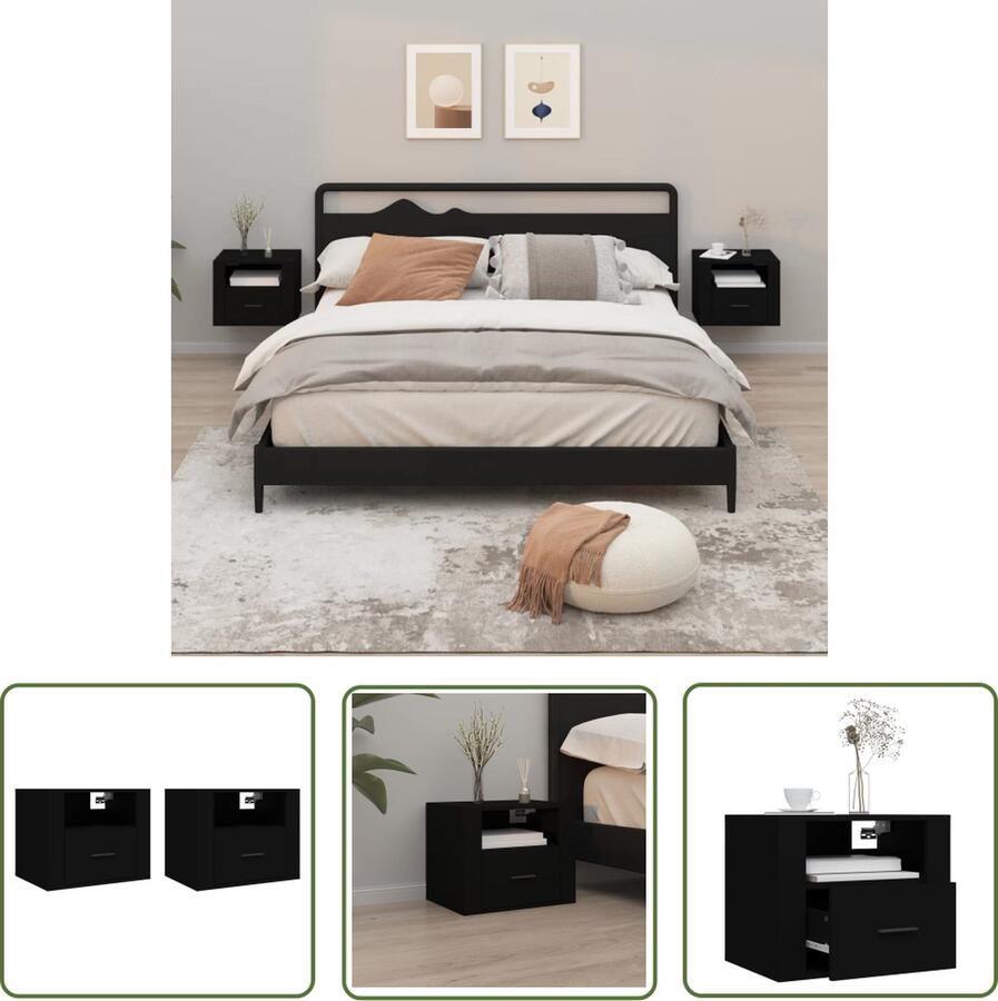 The Living Store Zwevende Wandnachtkastjes 50x36x40 cm Zwart Set van 2 Wandlamp Nachtlamp Kastje Bergruimte Slaapkamersdecoratie - Foto 2