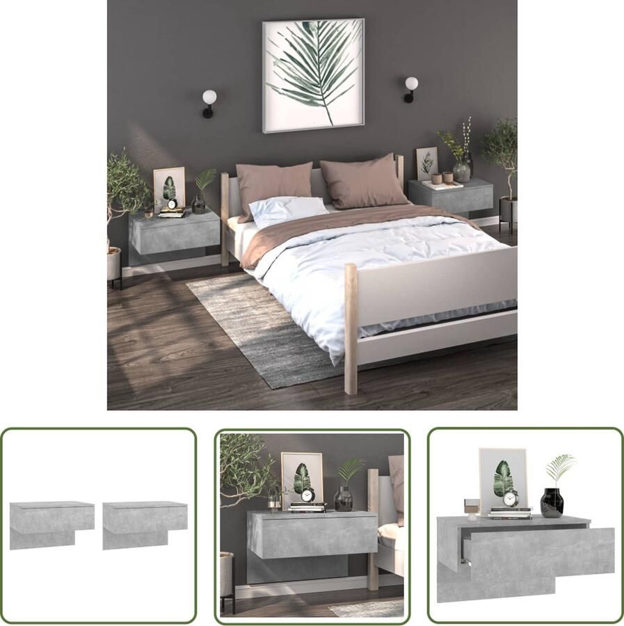The Living Store Wandnachtkastjes Set van 2 Betongrijs 60x40x40 cm Wandmontage ontwerp Multifunctioneel Eenvoudig te reinigen Montage vereist Materiaal- bewerkt hout - Foto 5
