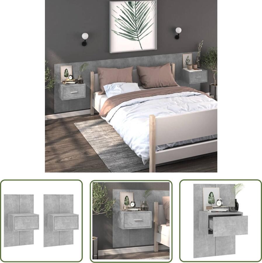 The Living Store Wandnachtkastje Betongrijs 48.5 x 32.5 x 80 cm Wandmontage Multifunctioneel Opberglade Eenvoudig te reinigen Montage vereist 2 stuks - Foto 2
