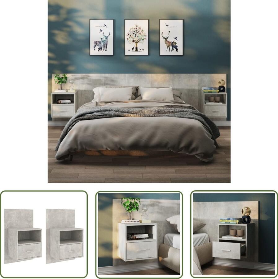 The Living Store Wandnachtkastje Betongrijs Set van 2 48.5 x 32.5 x 80 cm Opberglade Eenvoudig te reinigen materiaal Montage vereist Wandlamp Nachtlamp Wandkasten Bergruimte Slaapkamersdecoratie - Foto 2