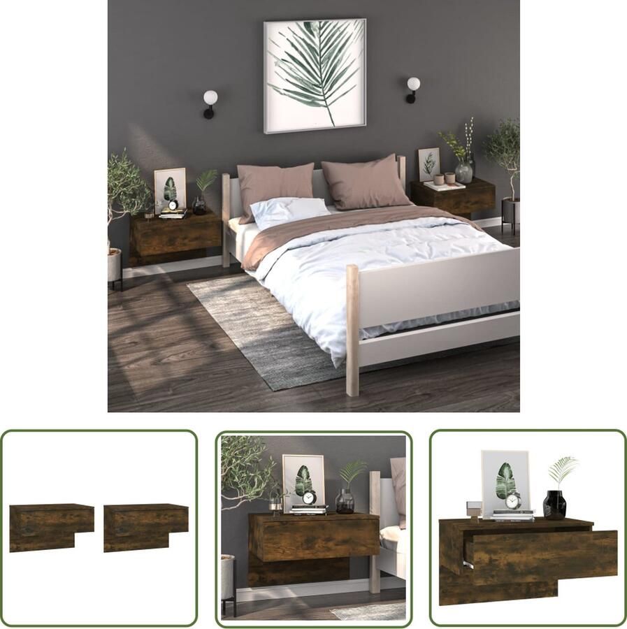 The Living Store Wandnachtkastjes Gerookt eiken 60 x 40 x 40 cm Wandmontage Multifunctioneel Eenvoudig schoon te maken Montage vereist 2 stuks Wandlamp Nachtlamp Bergruimte Badkamermeubel Houten Meubilair - Foto 8