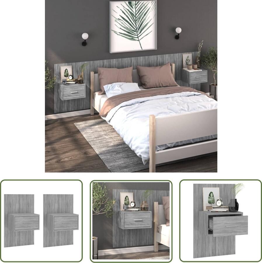 VidaXL Nachtlamp Wandlamp Nachtkastjes 2 st wandgemonteerd grijs sonoma eikenkleurig Bergruimte Badkamermeubel Houten Meubel - Foto 2