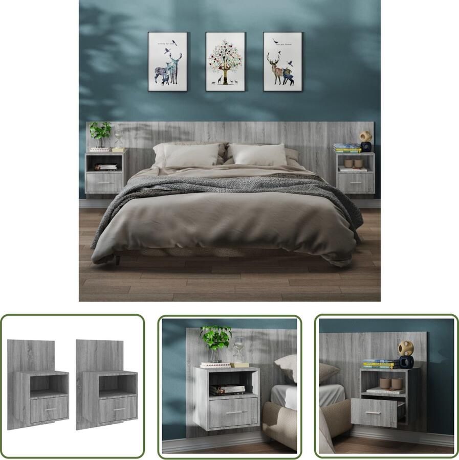 The Living Store Wandnachtkastje Grijs Sonoma Eiken 48.5x32.5x80 cm Wandmontage design Wandlamp Nachtlamp Slaapkamersdecoratie Houten Meubilair Grijze Meubels - Foto 2