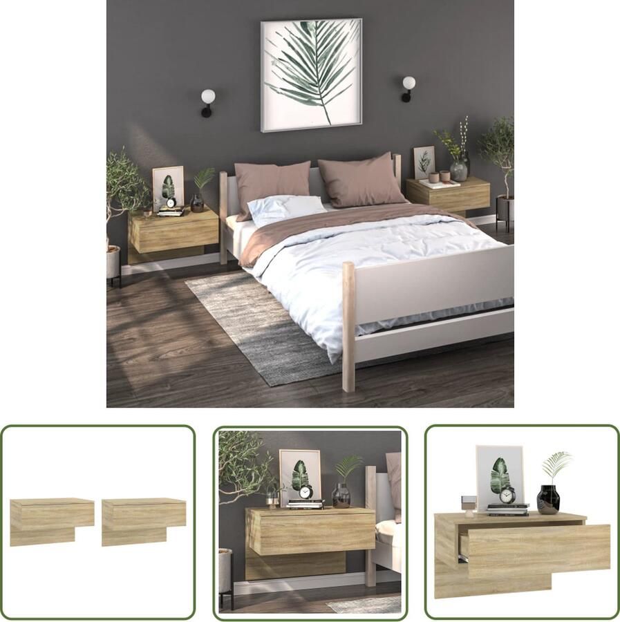 The Living Store Wandnachtkastje Sonoma Eiken 60x40x40 cm Wandmontage Multifunctioneel Eenvoudig te reinigen Montage vereist Levering bevat 2 stuks Wandlamp Nachtlamp Salontafel Tv Tafel Slaapkamer Meubilair - Foto 2