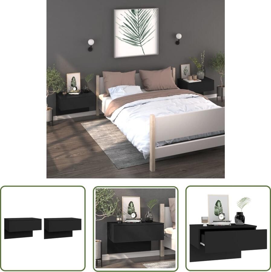 The Living Store Wandnachtkastje 2 stuks Zwart 60 x 40 x 40 cm Montage vereist Wandlamp Nachtlamp Bergruimte Slaapkamervloer Houten Meubel - Foto 2