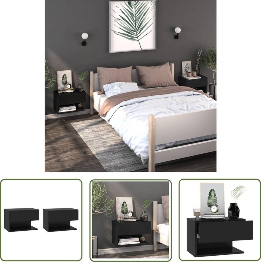 The Living Store Wandnachtkastje Bedkastje 46 x 29.5 x 30 cm Zwart Wandlamp Nachtlamp Bergruimte Slaapkamervloer Houten Meubilair - Foto 2