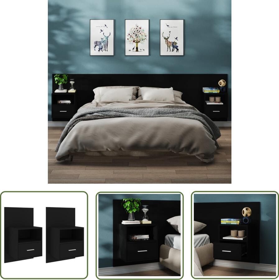 The Living Store Wandnachtkastjes Zwart 48.5 x 32.5 x 80 cm Multifunctioneel opberglade Wandlamp Nachtlamp Bergruimte Slaapkamervloer Slaapkamersdecoratie - Foto 2