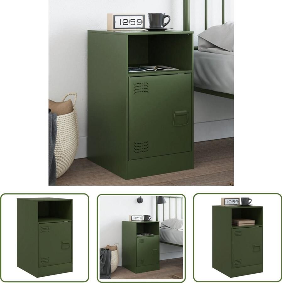 VidaXL Nachtkastje 34 5x39x62 cm staal olijfgroen Nachtkastje Nachtlampje Slaapkamersdecoratie Staalmeubilair Groen Meubilair