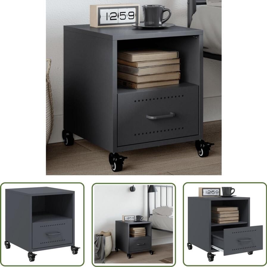 VidaXL Nachtkastje 36x39x43 5 cm staal antracietkleurig Nachtkastje Nachtlampje Slaapkamersdecoratie Staal Meubel Antraciet Kleur