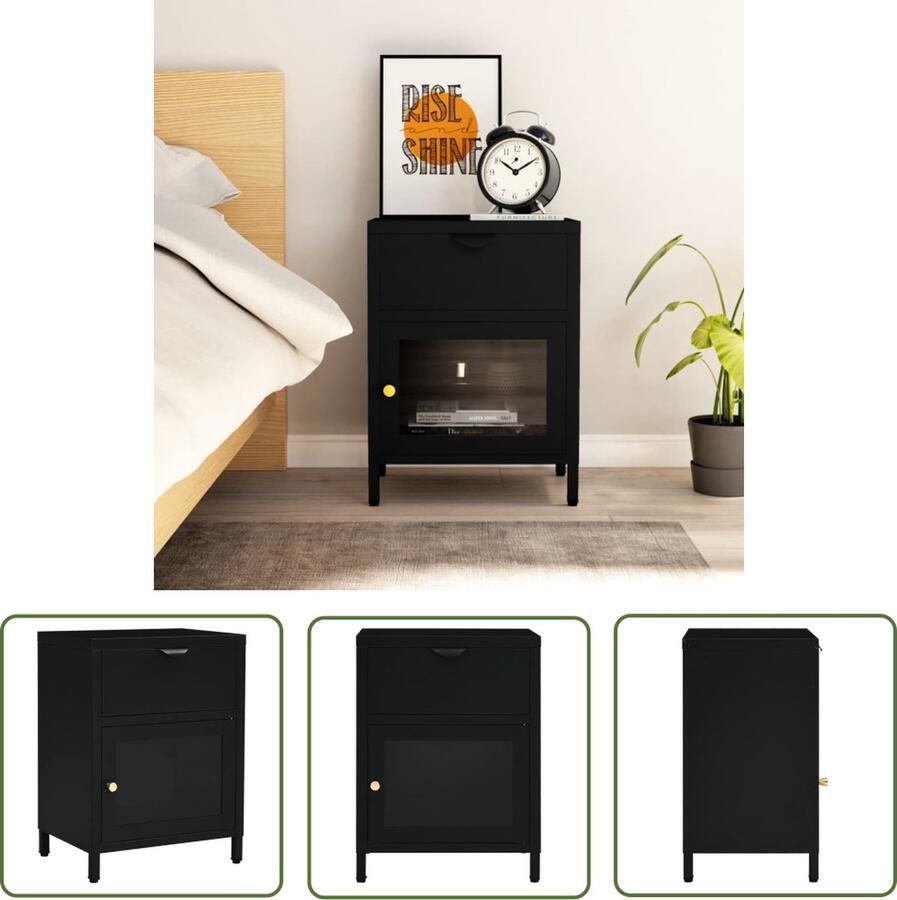 The Living Store Nachtkastje zwart 40 x 30 x 54.5 cm staal en gehard glas Nachtkastje Nachtlampje Slaapkamersdecoratie Slaapkamervloerkleden Bedbanket - Foto 2