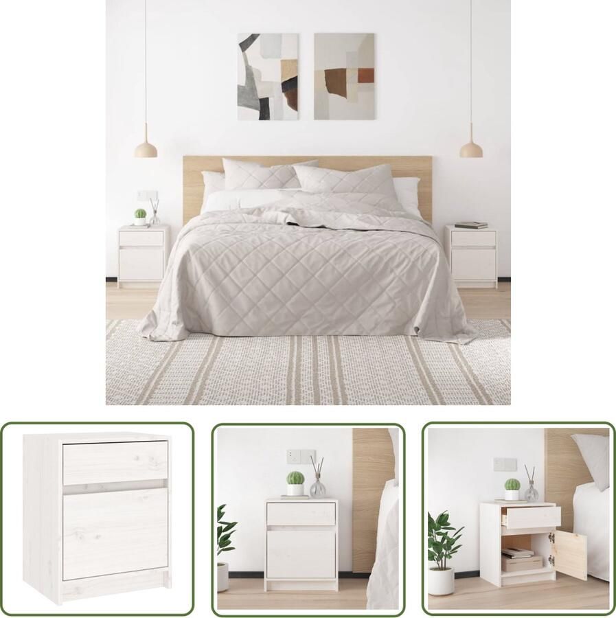 The Living Store Nachtkastje 40x31x50 cm massief grenenhout wit Nachtkastje Nachtlampje Slaapkamervloeren Kamerdecoratie Grenoblehouten Meubilair - Foto 2