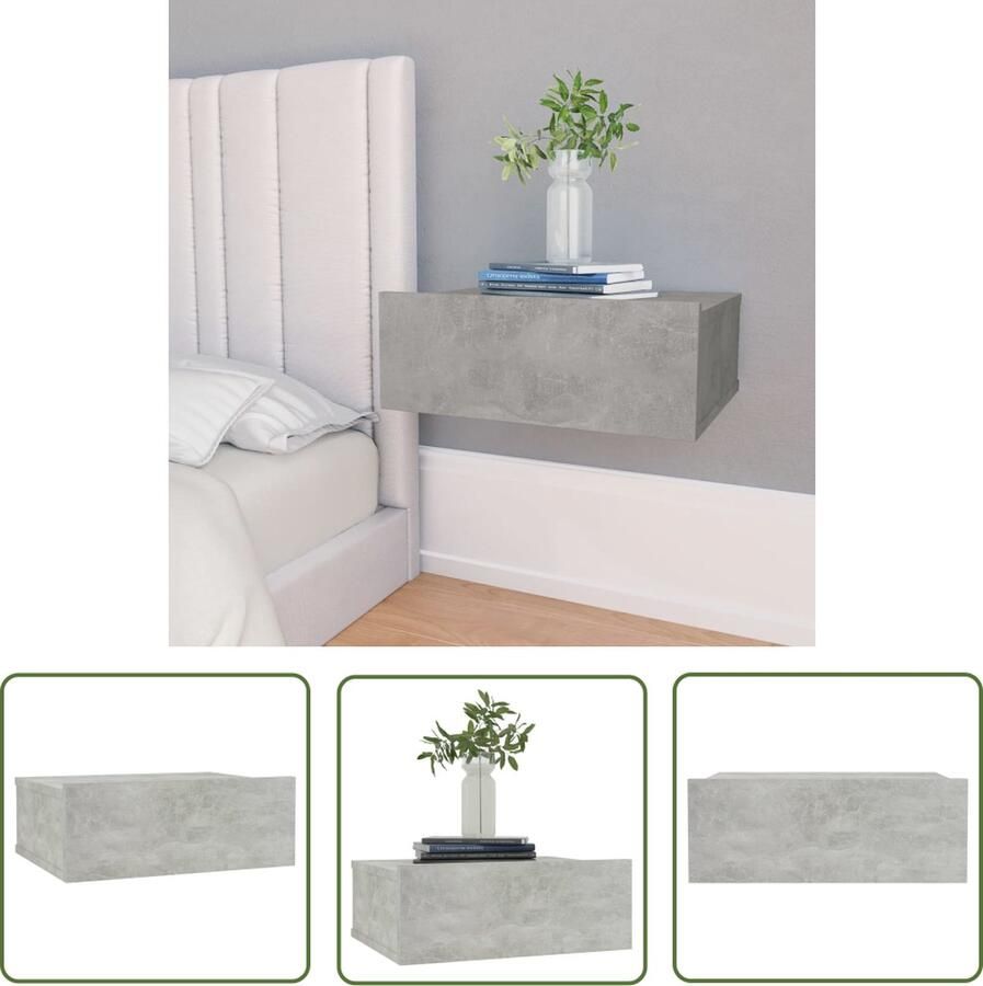 The Living Store zwevend nachtkastje betongrijs 40x30x15 cm massief tafelblad geÃ¯ntegreerde lade wandmontage Zwevend Nachtkastje Nachtlampje Bergruimte Houten Meubilair Grijze Meubels - Foto 2