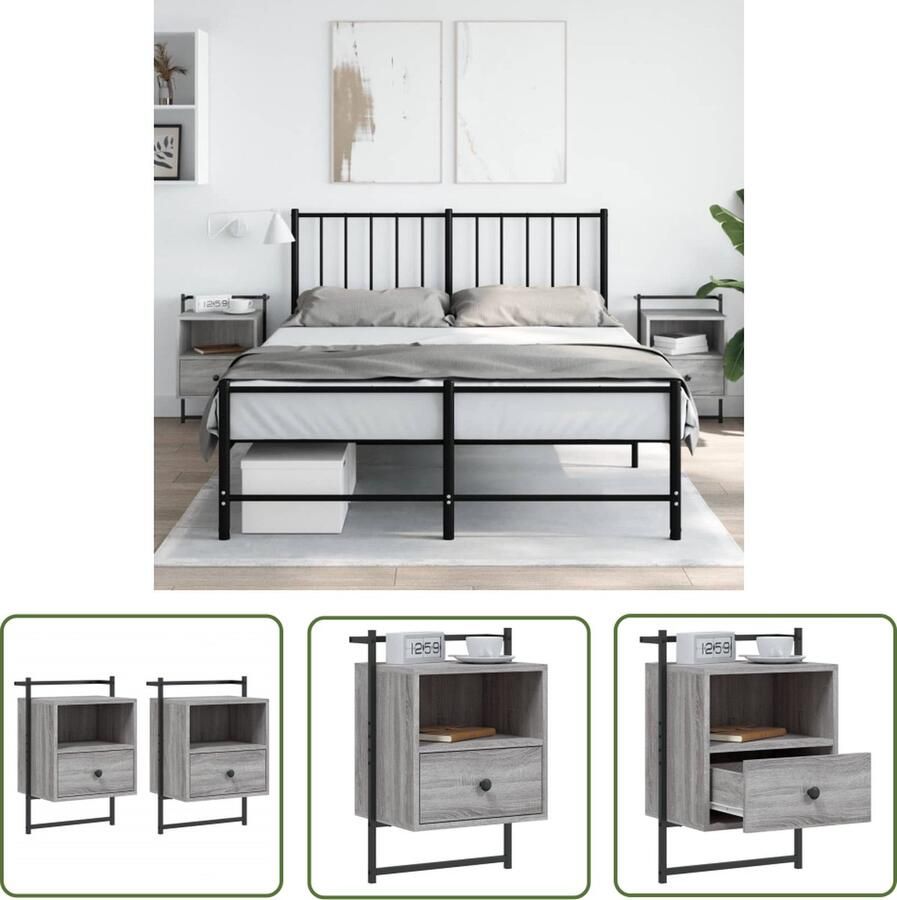 The Living Store Zwevende Wandnachtkastjes Grijs Sonoma Eiken 40 x 30 x 61 cm Duurzaam materiaal Wandkasten Nachtlampjes Slaapkamersdecoratie Grijze Meubels Houten Kastjes