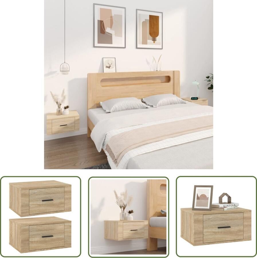 The Living Store Zwevende Wandnachtkastjes Sonoma Eiken 50 x 36 x 25 cm Set van 2 Wandkasten Nachtlampjes Slaapkamerdecoratie Houten Kast Zwevende Kasten - Foto 2