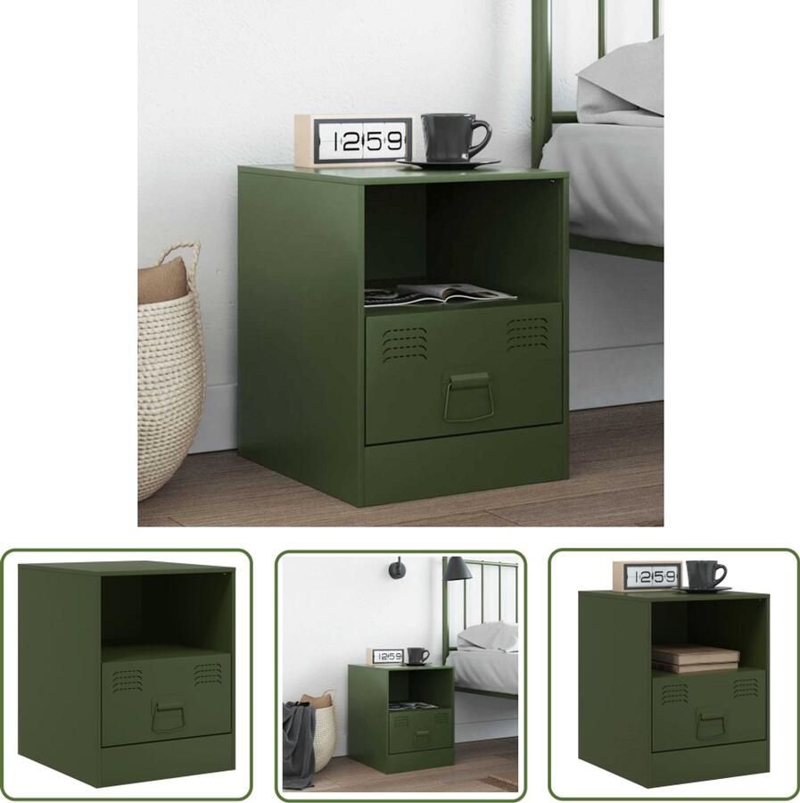 The Living Store Nachtkastje 34 5x39x44 cm staal olijfgroen Nachtkastje Nachttafel Slaapkamers Decoratie Olijfgroen