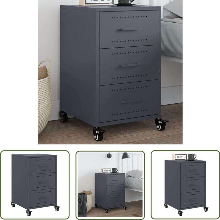 The Living Store Nachtkastje 36x39x59 cm staal antracietkleurig Nachtkastje Nachttafel Staal Antraciet Koudgewalst Staal