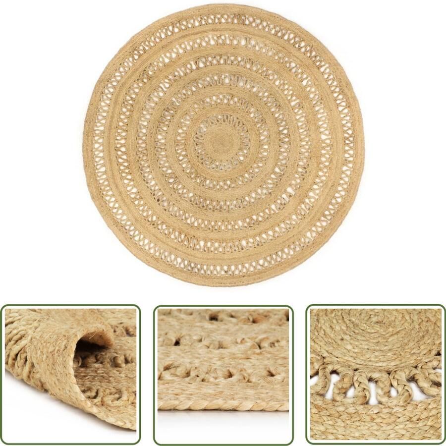 The Living Store Vloerkleed handgemaakt 180 cm gevlochten jute Tapijt Natuurtapijt Rond Tapijt Hand Geweven Tapijt Vintage Tapijt
