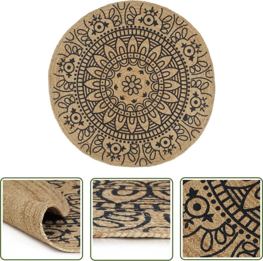 The Living Store Vloertapijt Gevlochten Jute 90 cm Diameter Naturel en Donkerblauw Patroon Jute Tapijt Natuurtapijt Rond Tapijt Vintage Tapijt Bohemian Tapijt