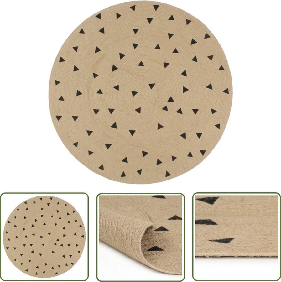 The Living Store Tapijt Jute 120 cm Natuurlijk zwarte driehoek print Handgemaakt Aantrekkelijke textuur Jute Tapijt Natuurtapijt Vintage Tapijt Handmade Tapijt Geometrisch Tapijt
