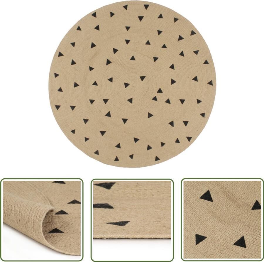 The Living Store Vloerkleed handgemaakt met driehoek print 90 cm jute Tapijt Natuurtapijt Ronde Tapijt Vintage Tapijt Boho Decoratie